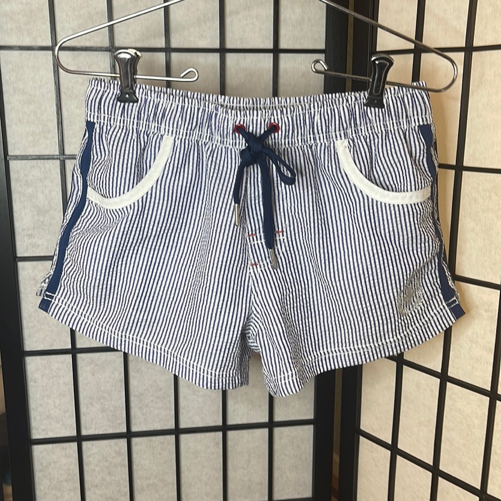 Andrew Christian blue pin stripe swim trunks